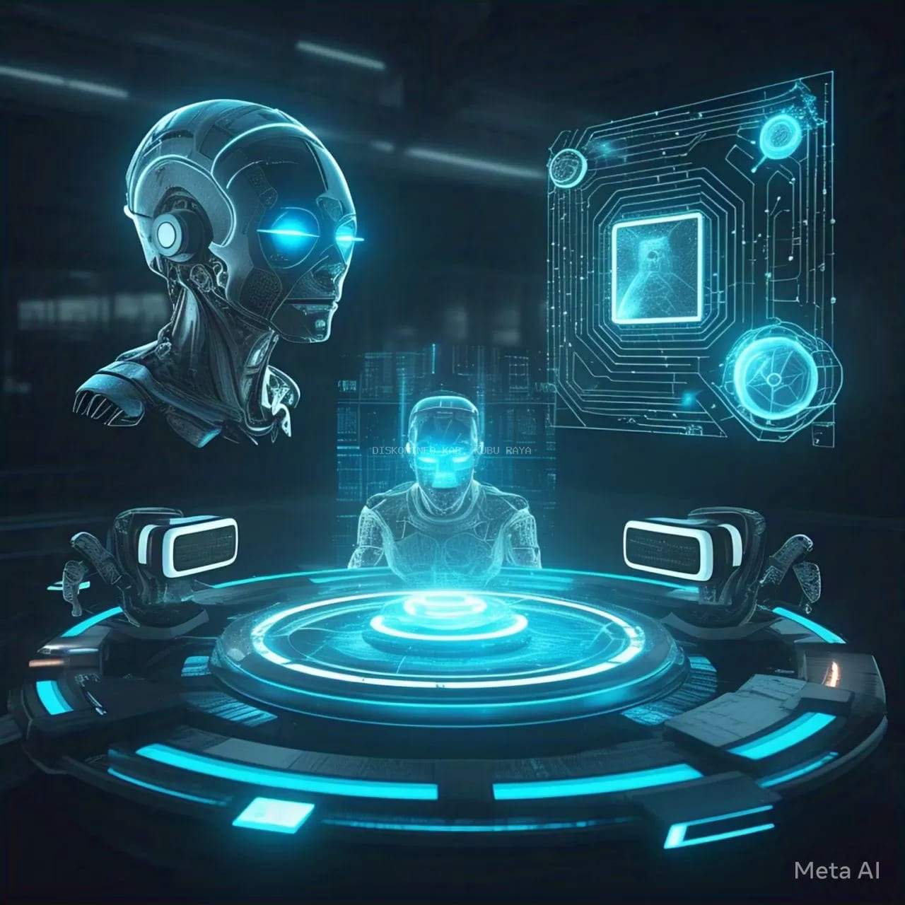 Ilustrasi teknologi kecerdasan buatan dan robot AI futuristik dengan sistem hologram digital.
