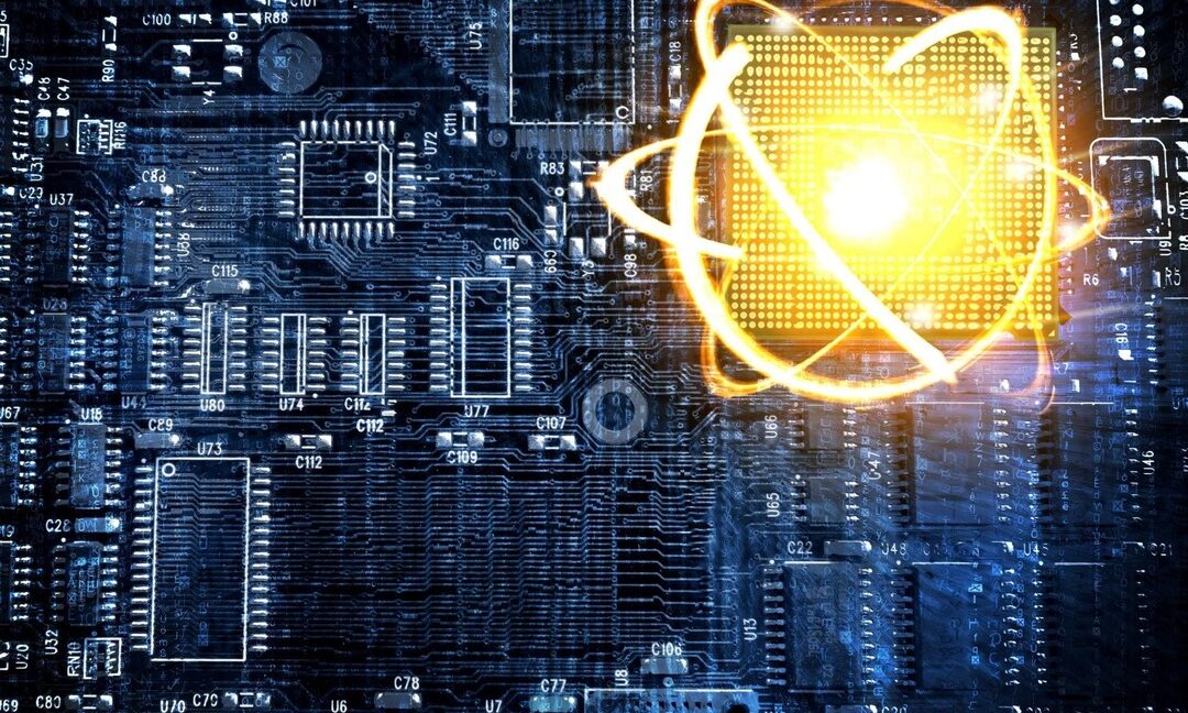 Ilustrasi chip teknologi dan jaringan AI cyber modern